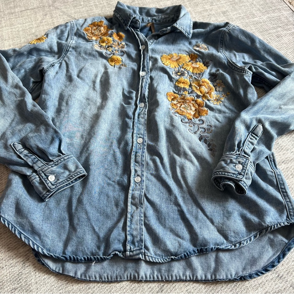 Stetson Women’s Lyocel Denim Shirt with Yellow Floral Embroidery Size Large - Picture 13 of 13
